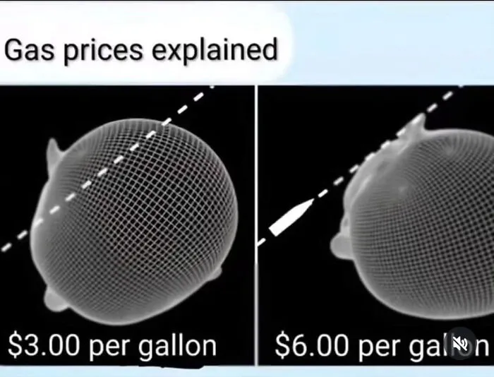 Diagram humorously explaining gas price increase from 3 to 6 dollars per gallon