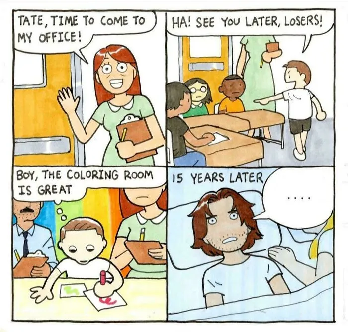 Cartoon joke about coloring room and a character named Tate over 15 years