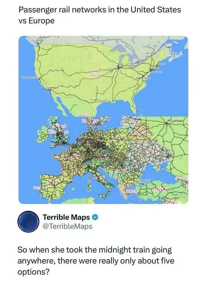 Map comparing passenger rail networks in the United States and Europe