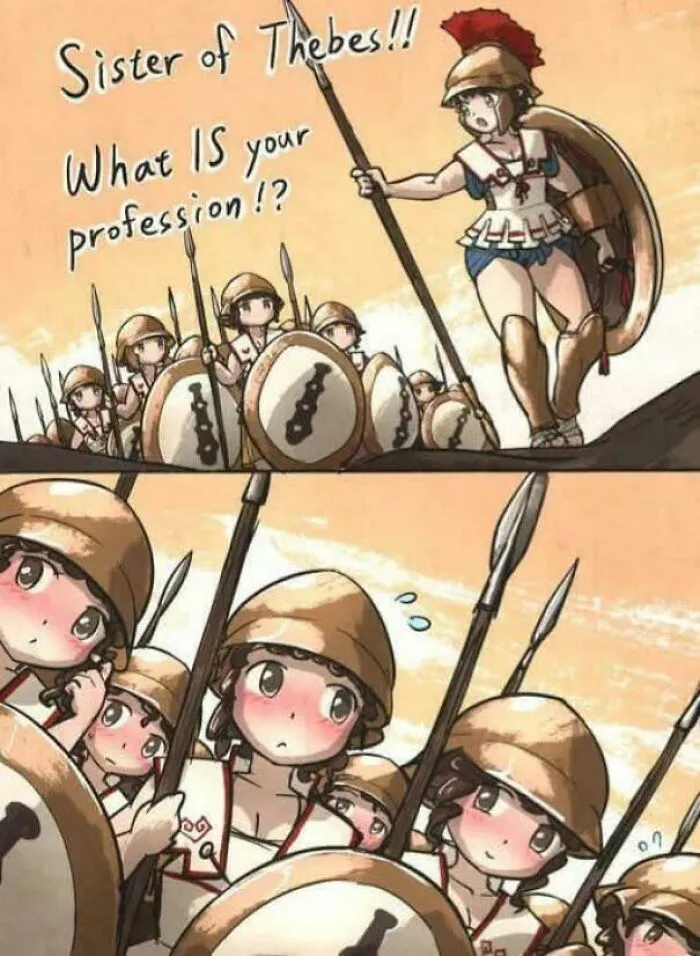 Anime-style soldiers in ancient armor with caption about profession confusion