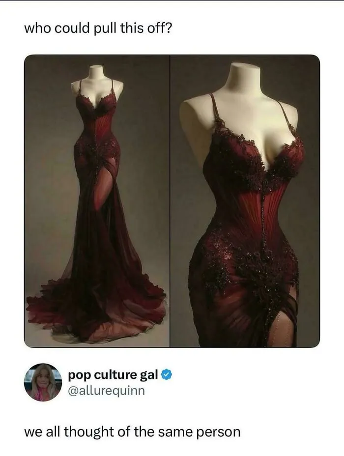 Elegant red dress on mannequin with caption about who could pull it off