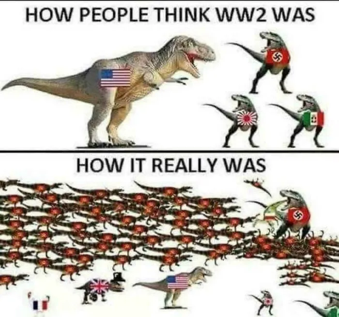 WW2 meme contrasting popular dinosaur depiction with many small attackers