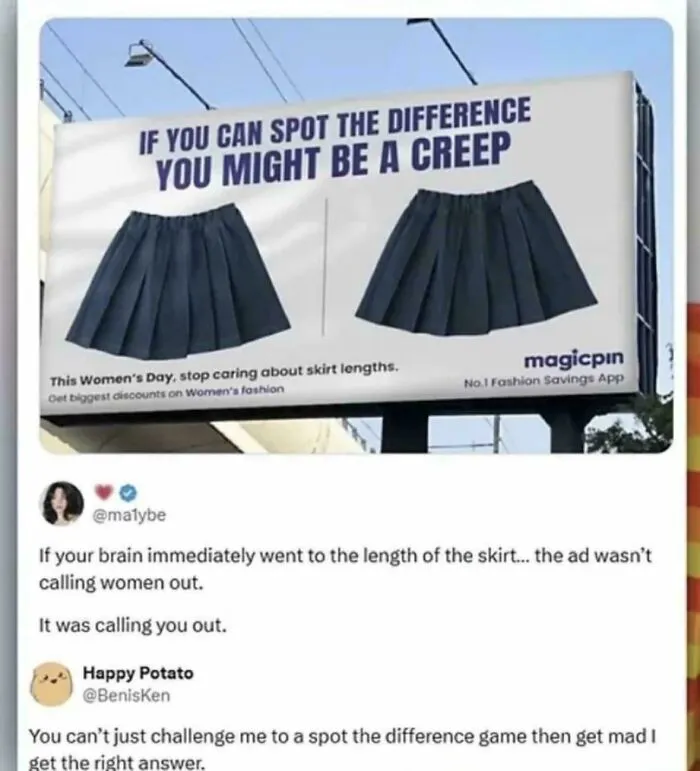 Billboard ad challenging perception about skirt lengths on Women's Day
