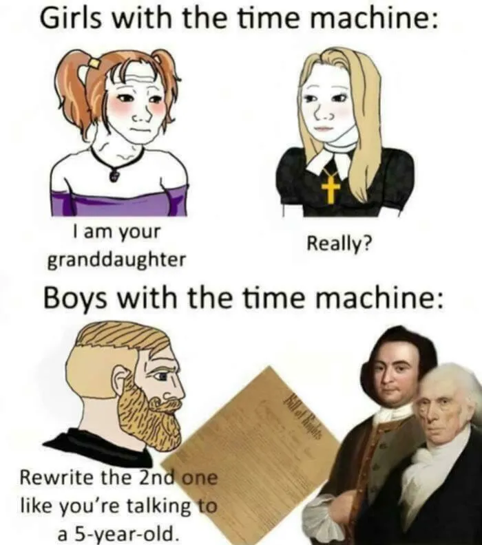 Girls and boys with time machine meme missing joke about rewriting documents simply