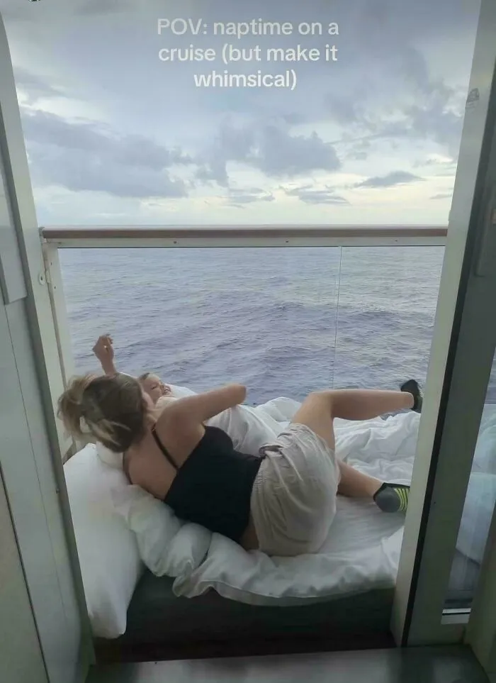Woman and child napping on a cruise balcony over ocean view