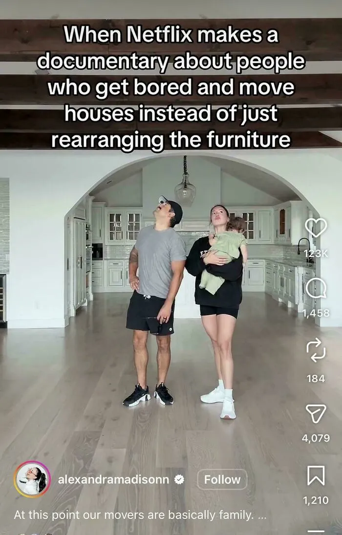 Couple with baby in empty home captioned with Netflix documentary on moving, influencer humor