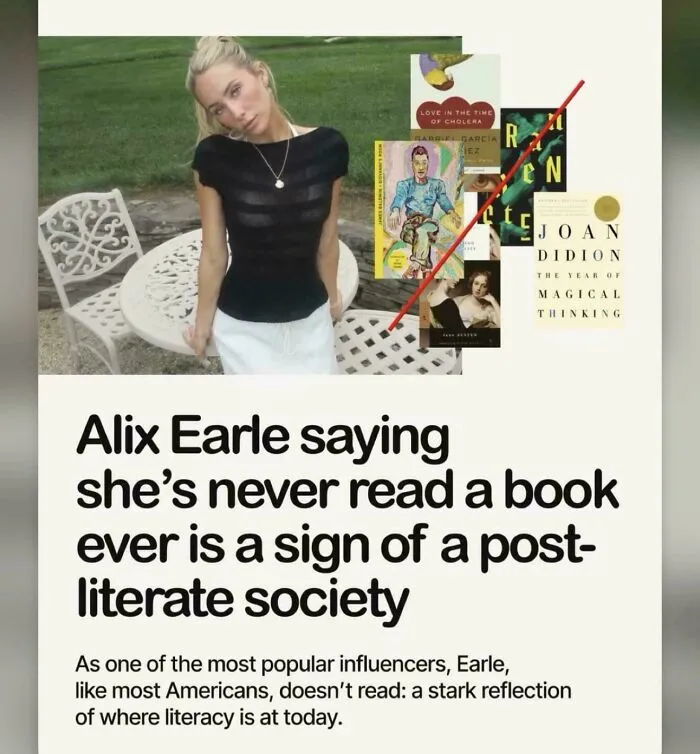 Alix Earle influencer photo with text about post-literate society
