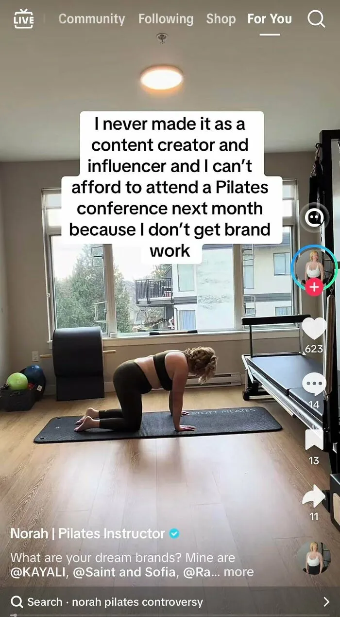 Woman doing Pilates with text about influencer struggles and brand work