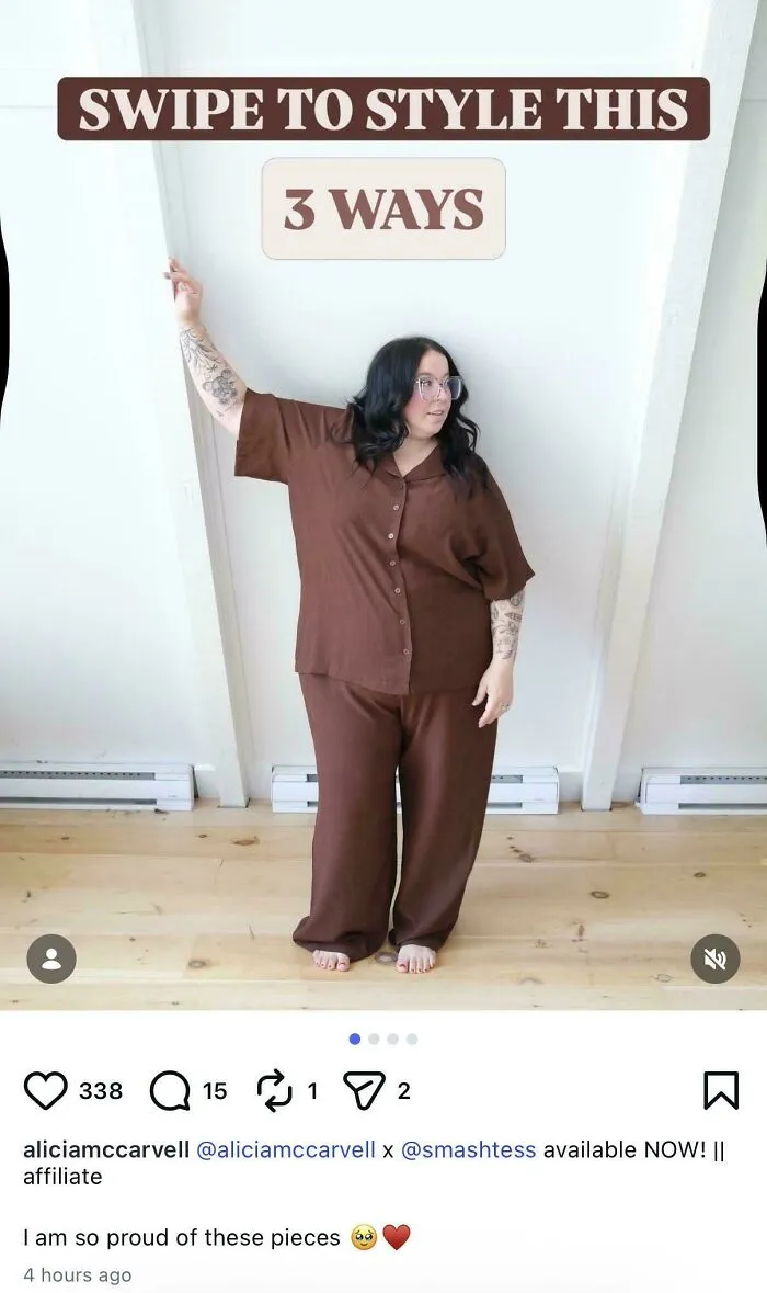 Woman in brown outfit posing indoors, promoting styling fashion pieces online