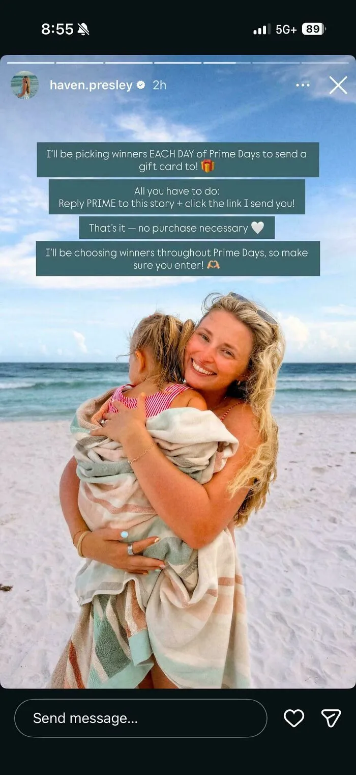 Smiling woman holding child on beach promoting Prime Days giveaway