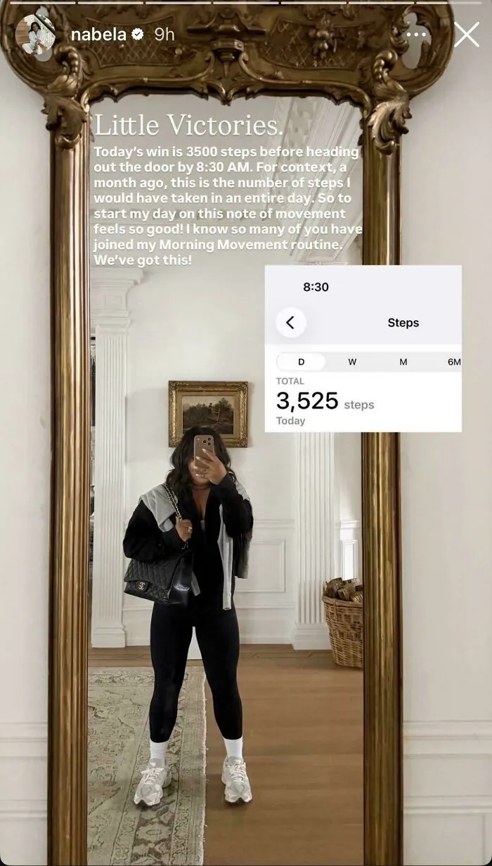 Woman tracking 3500 steps early in the morning promoting movement routine