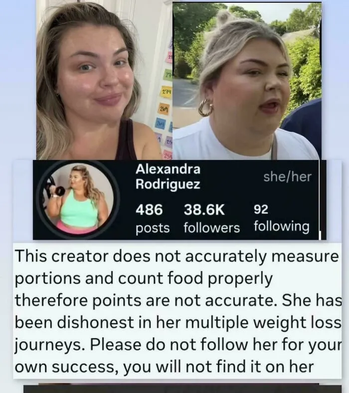 Social media profile critique highlighting inaccurate food portions