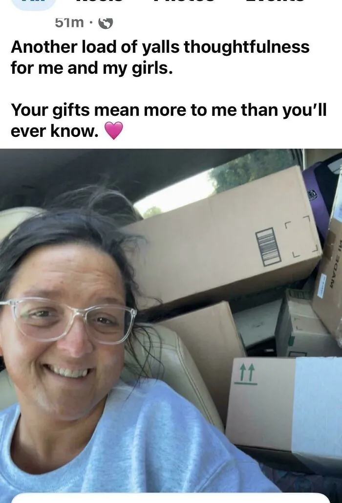 Smiling woman with packages expressing gratitude for gifts
