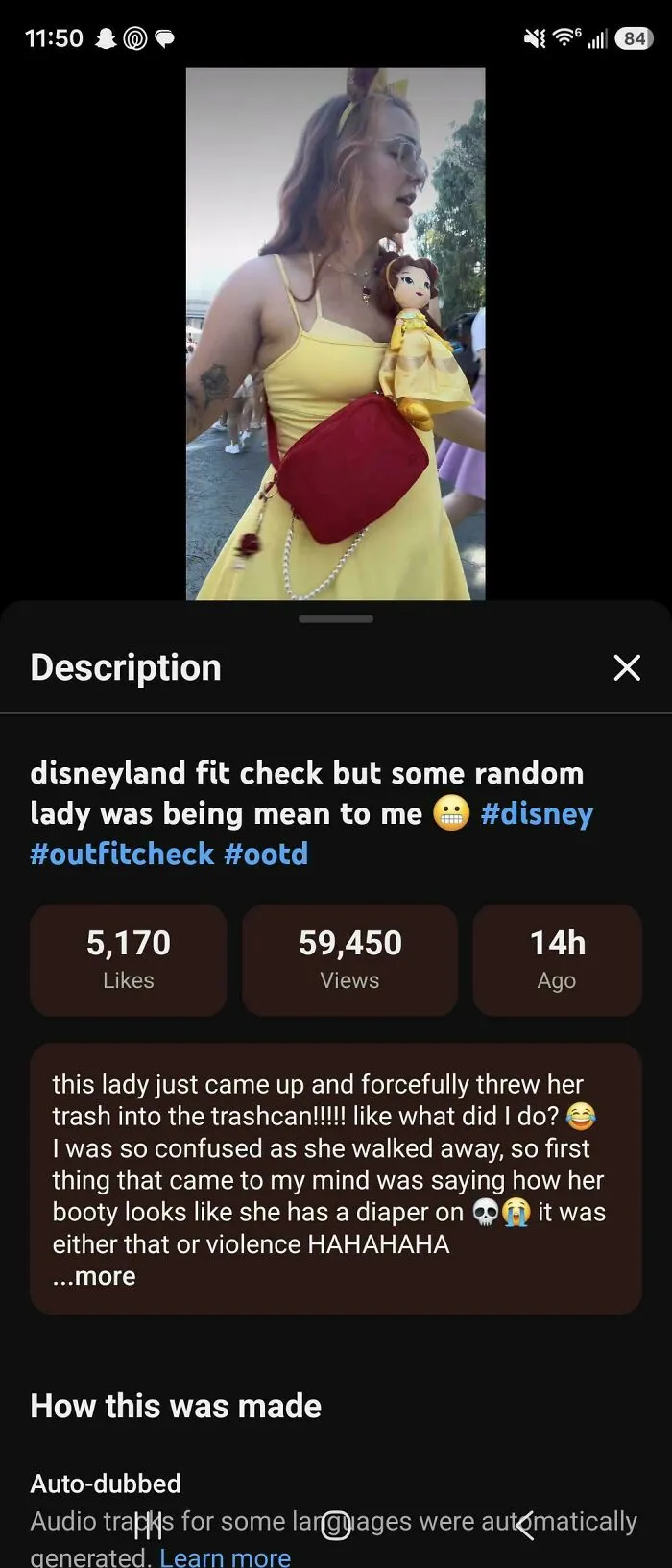 Woman in yellow dress with doll and red bag at Disneyland outfit check video
