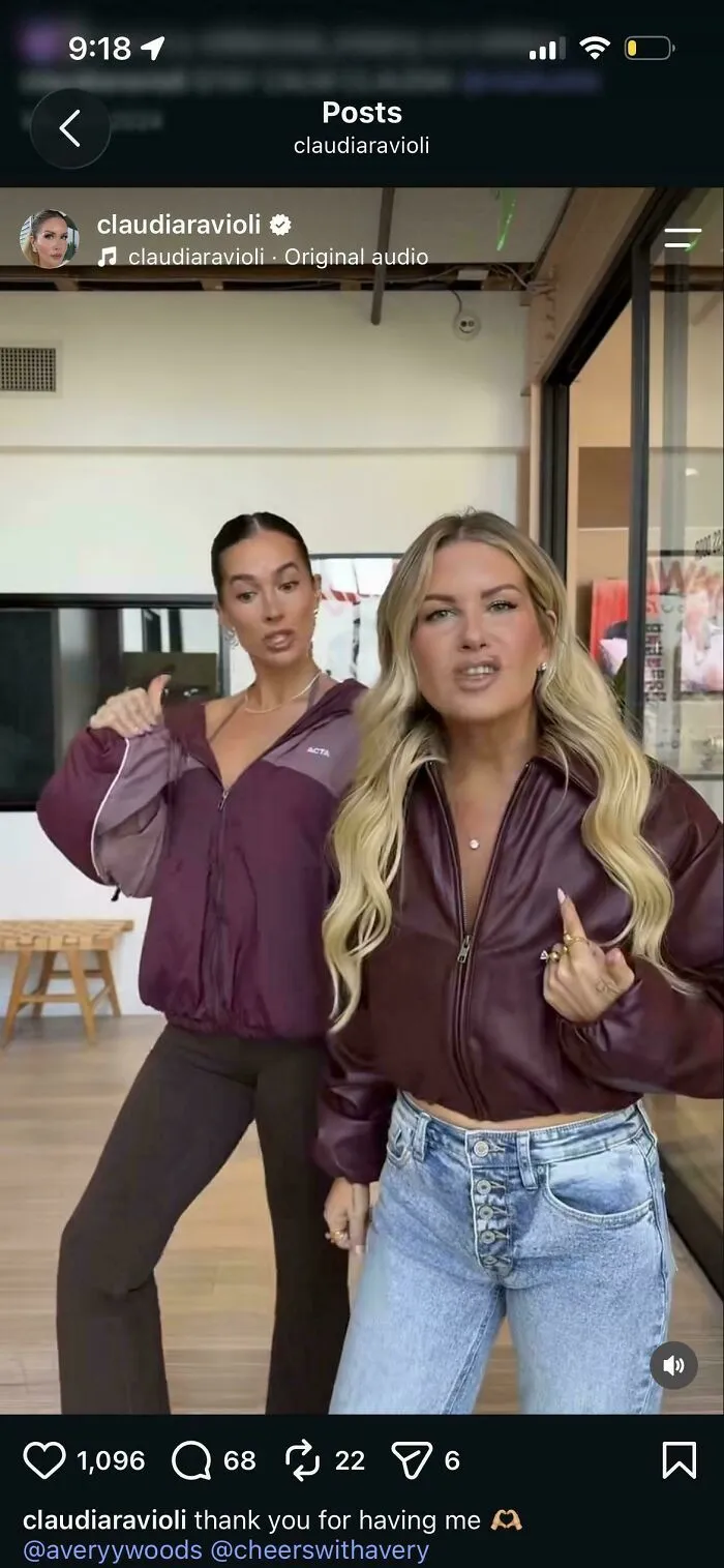 Two women in casual outfits dancing and posing in an influencer social media post