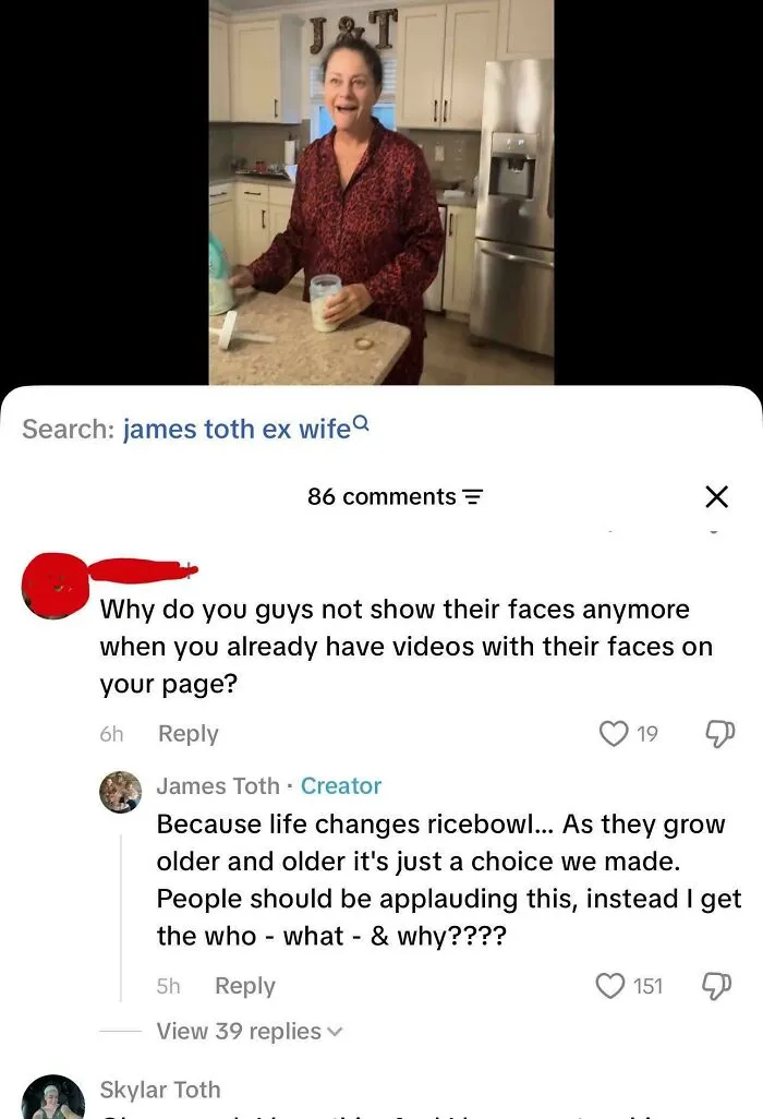 Woman in kitchen with comments discussing showing faces in videos
