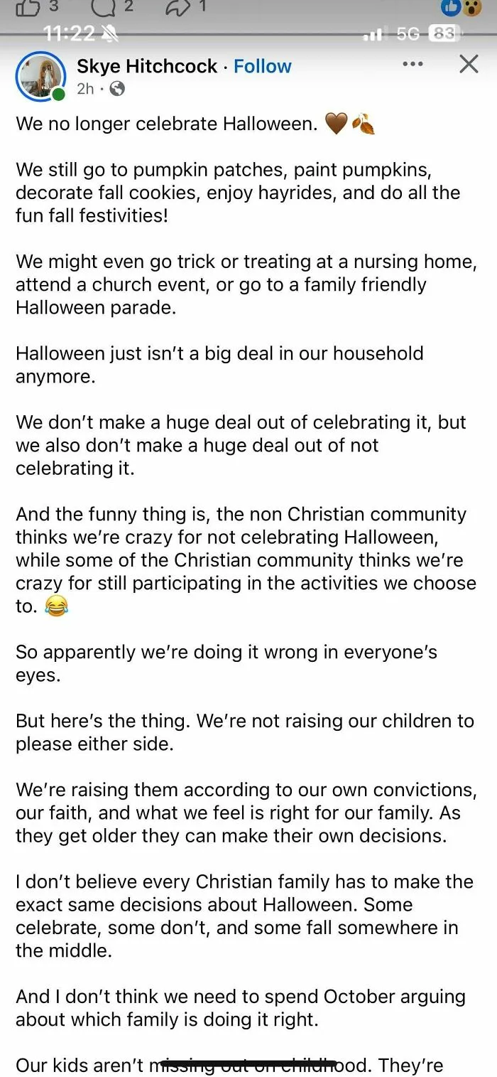 Facebook post explaining reasons for not celebrating Halloween in a Christian household