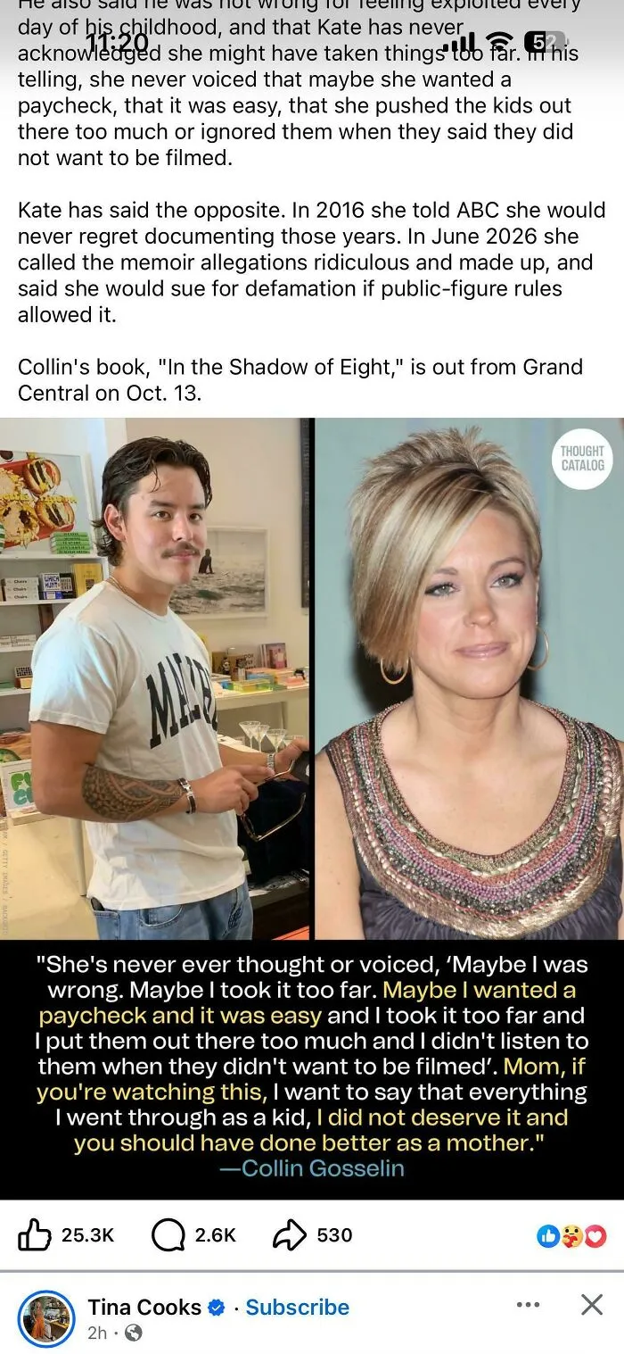 Collin Gosselin criticizes mother for exploiting childhood in influencer family drama