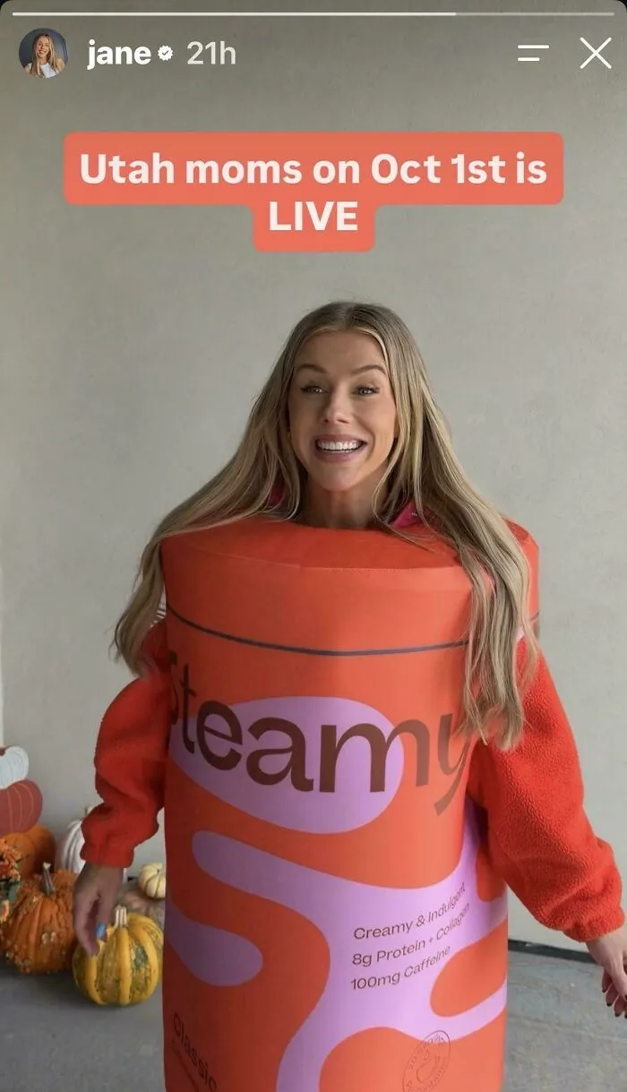 Woman dressed as Steamy coffee can promoting influencer content