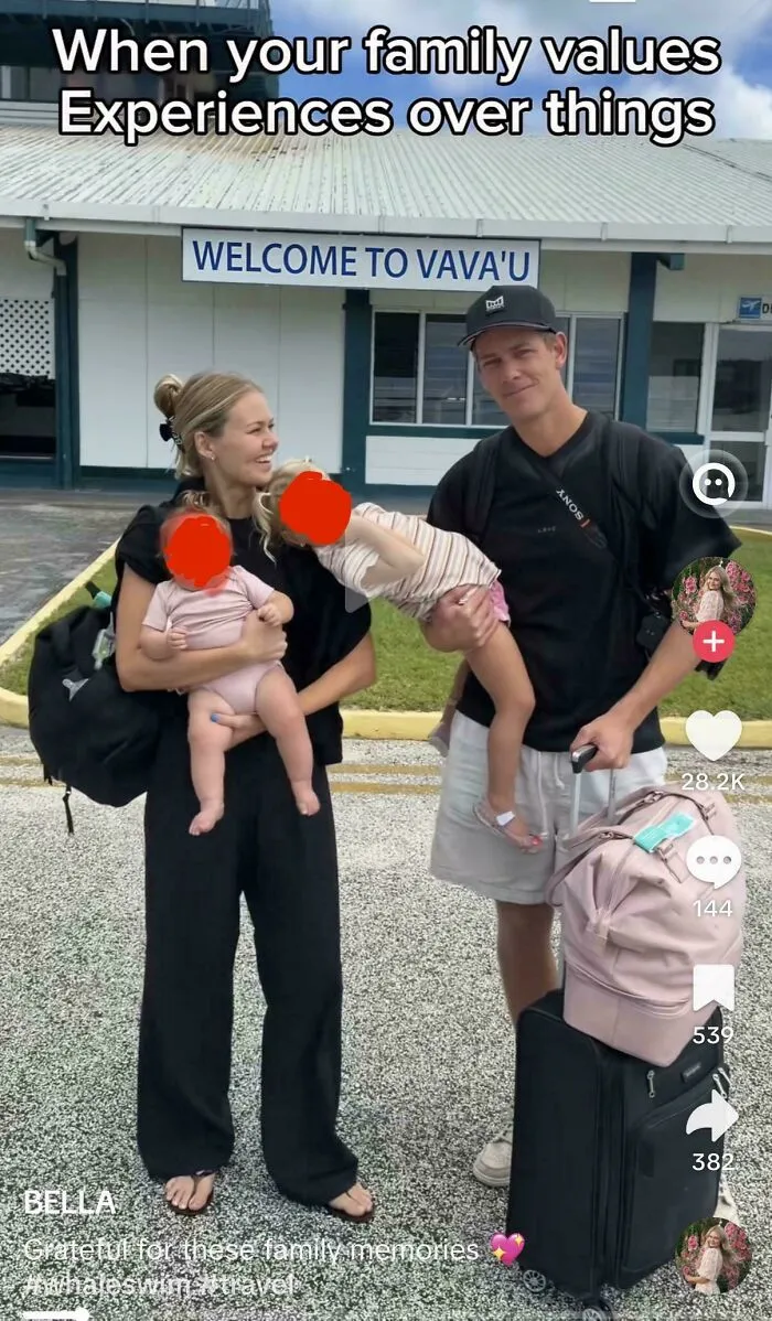 Family with children at airport emphasizing experiences over things from influencer called out