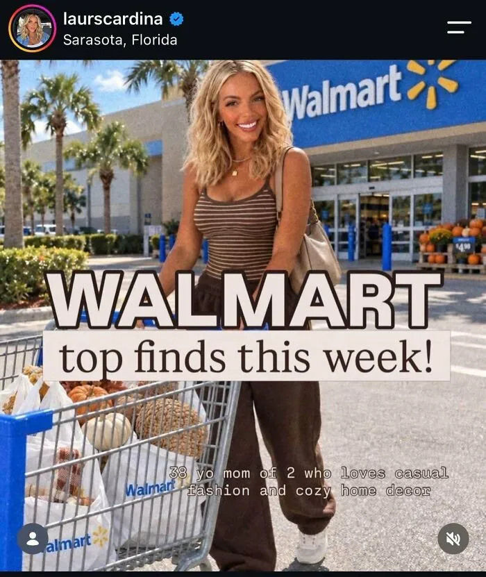 Woman outside Walmart with shopping cart promoting Walmart top finds from influencer group