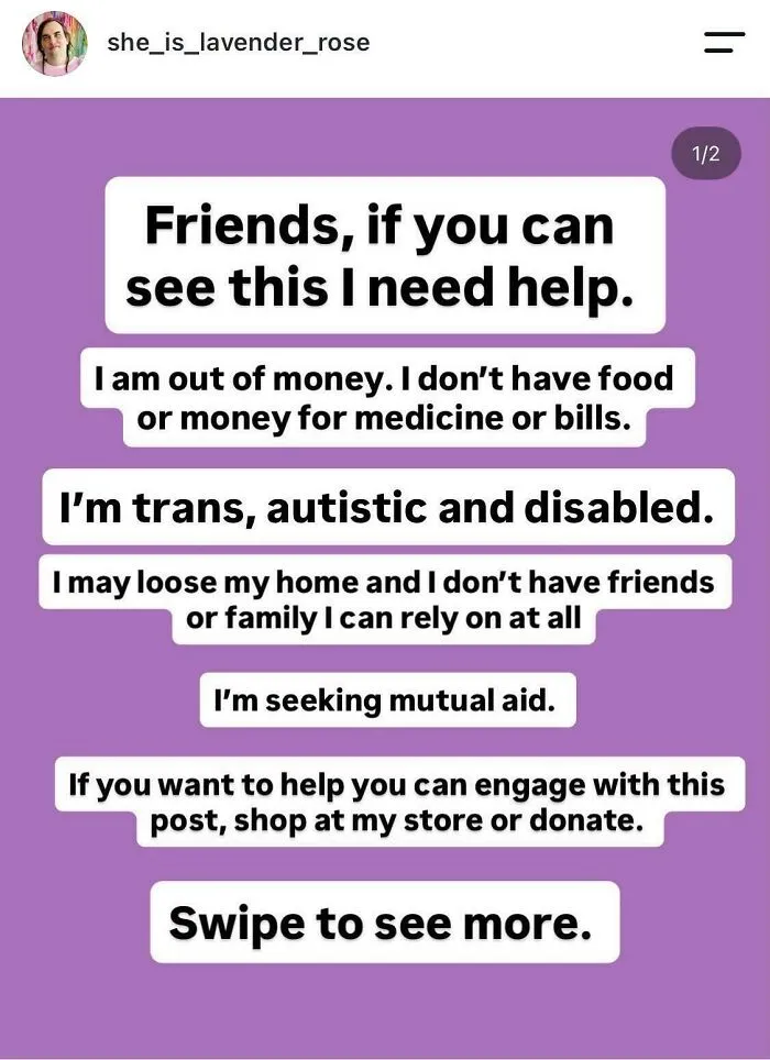 Post seeking help from trans autistic disabled person in online group about out-of-touch influencers