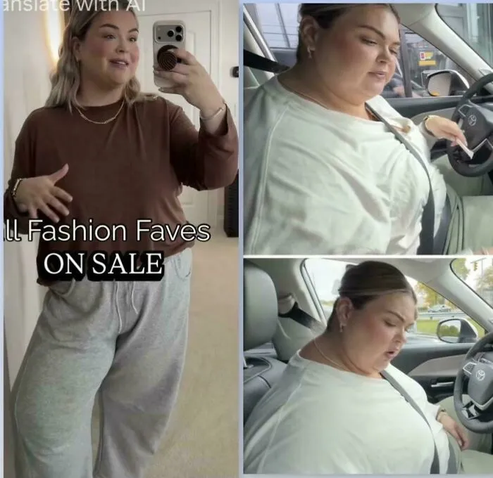 Plus size woman modeling casual outfits promoting fashion sale