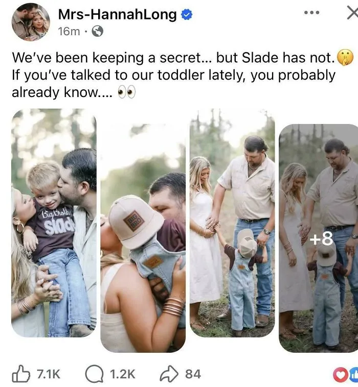 Social media post revealing family news with toddler and parents