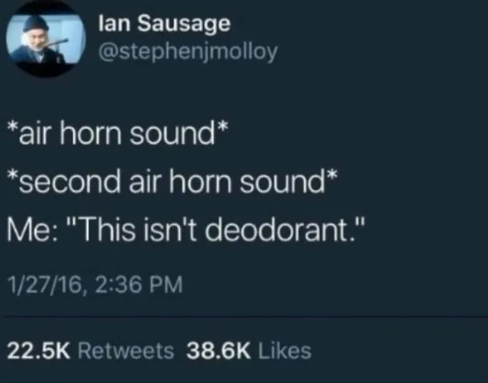 Tweet meme about air horn sounding and deodorant confusion