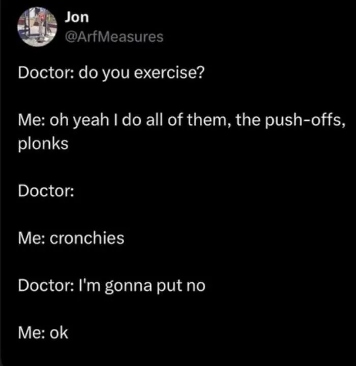 Funny exercise meme joking about push-offs and cronchies