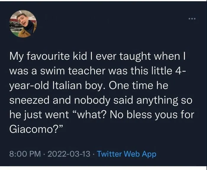 Tweet about a funny swimming lesson moment with a kid