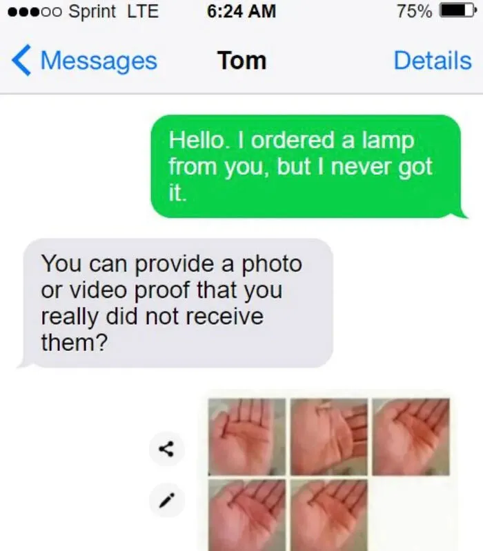 Text conversation meme about not receiving an ordered lamp with photo proof