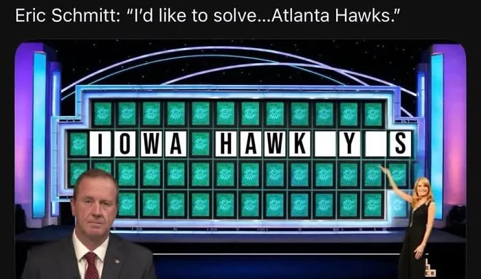 Funny meme with Wheel of Fortune game showing Iowa Hawkeyes joke