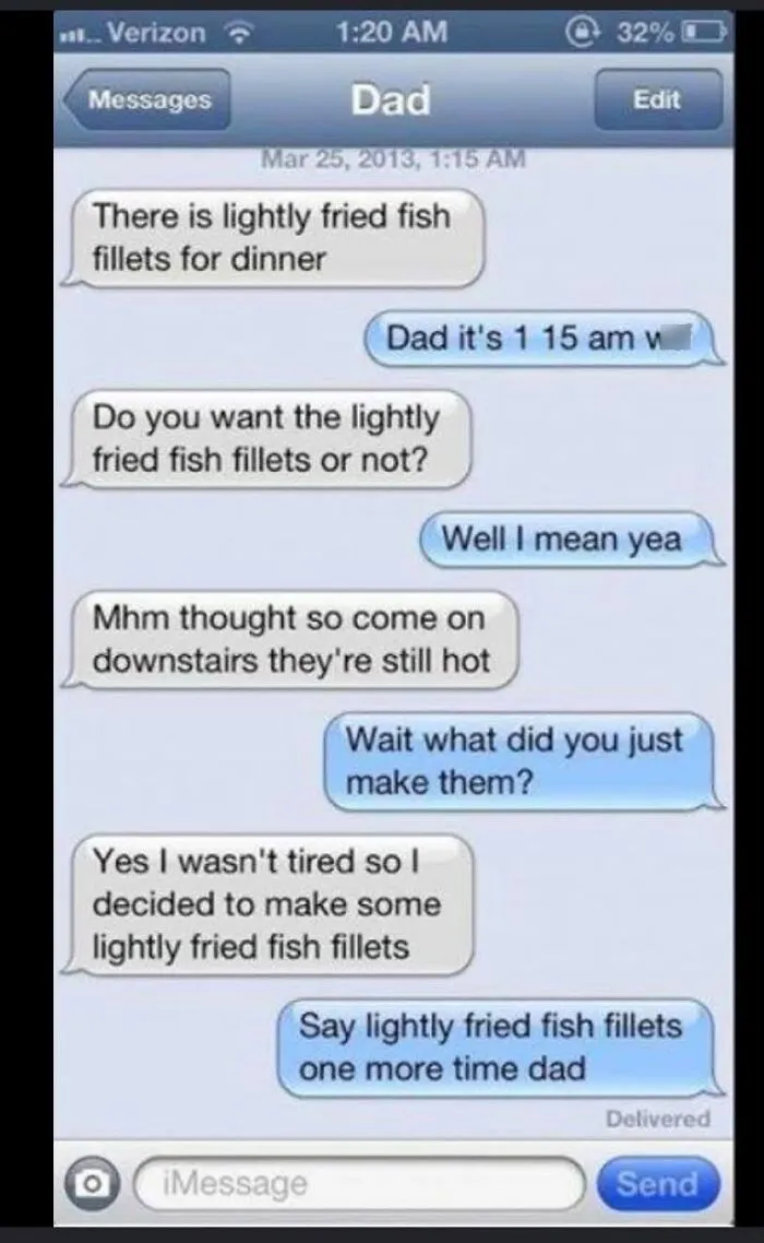Text conversation about lightly fried fish fillets served late at night