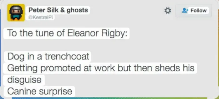 Tweet meme about dog in a trenchcoat with canine surprise lyrics