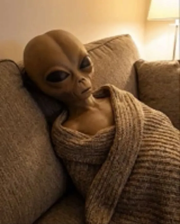 Alien wrapped in a knitted blanket sitting on a couch meme