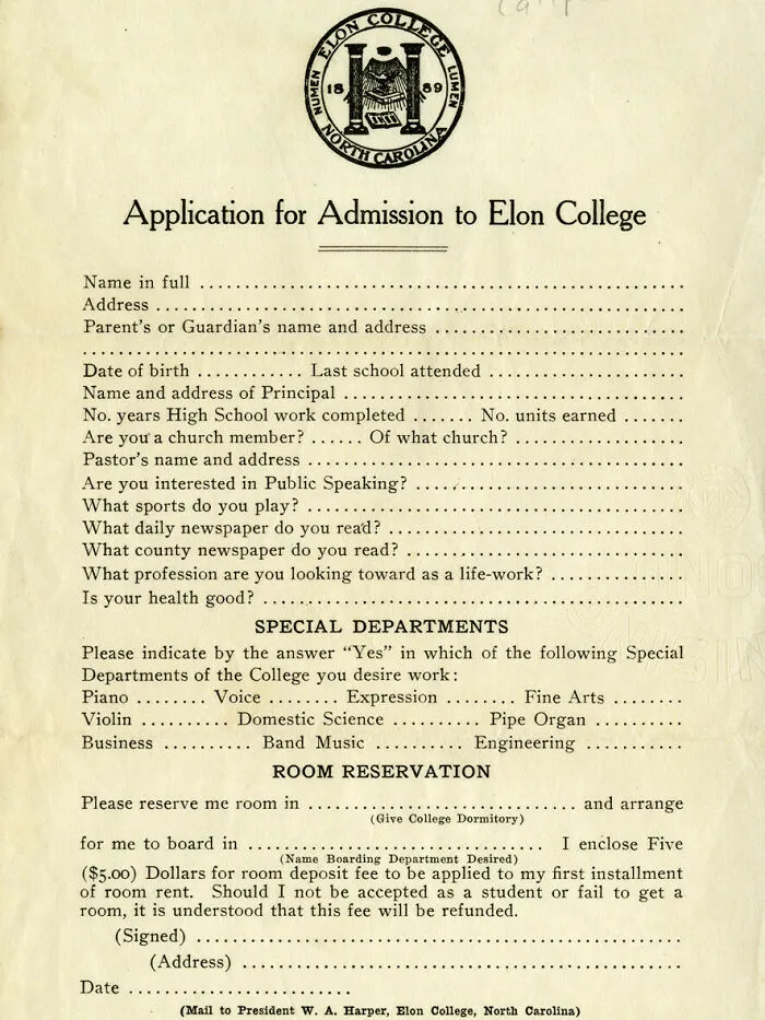 Elon College vintage application form showing early college admission details