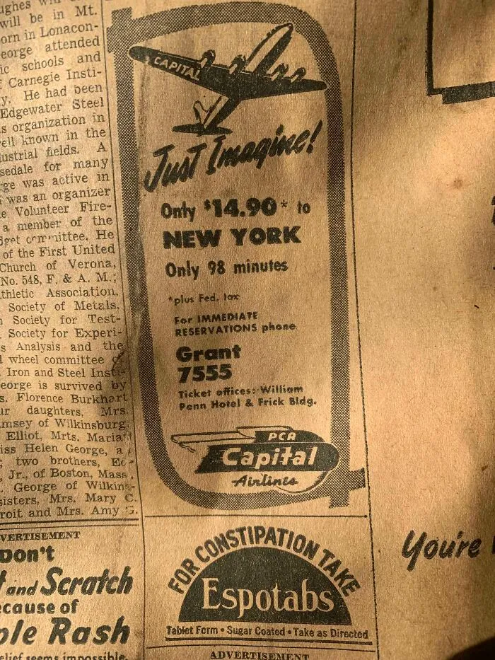 Old newspaper ad for Capital Airlines flight to New York