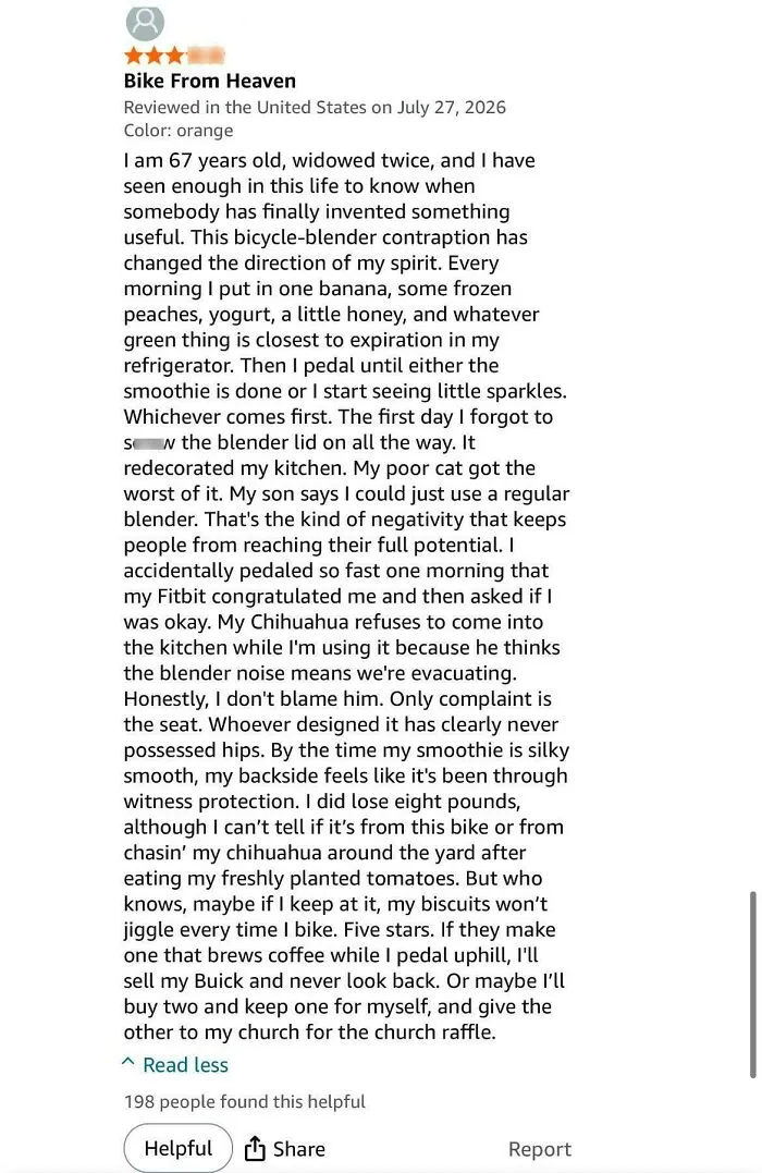 Funny Amazon review of bicycle blender changing user's spirit and weight