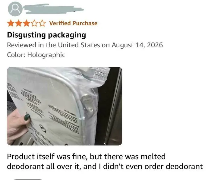 Picture of Amazon product packaging covered with melted deodorant