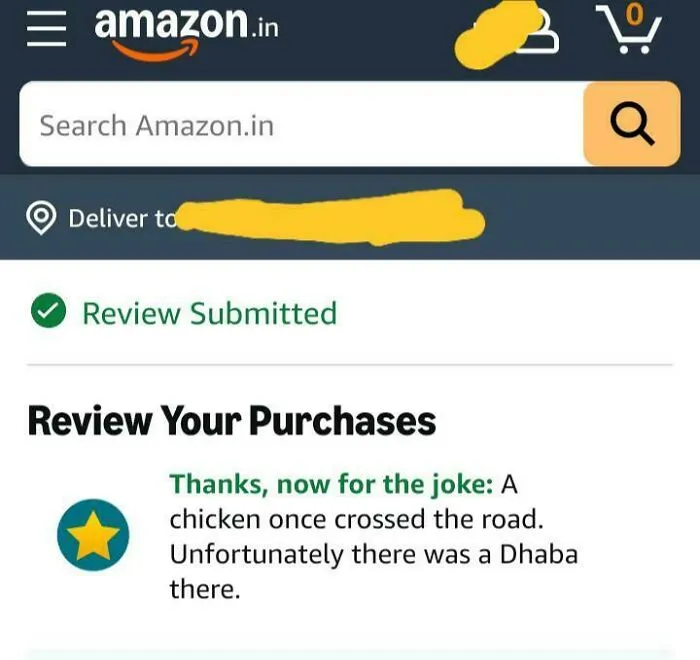 Funny Amazon review joke about chicken crossing the road on product purchase page