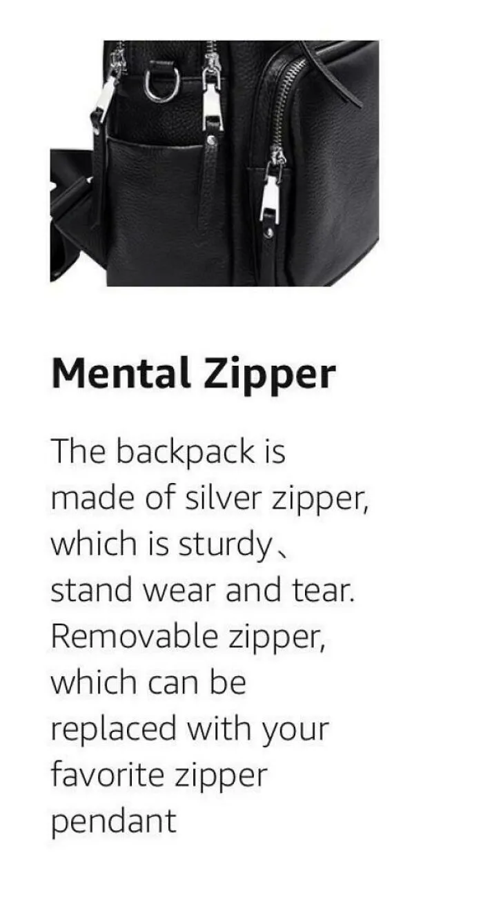 Close-up of a black backpack with silver zippers described in review