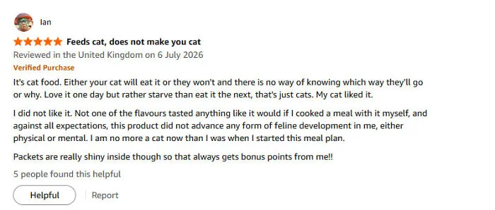 Funny Amazon cat food review explaining cats' unpredictable eating habits.