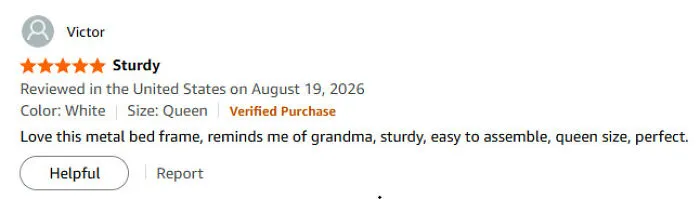 Positive Amazon review praising a sturdy white metal bed frame