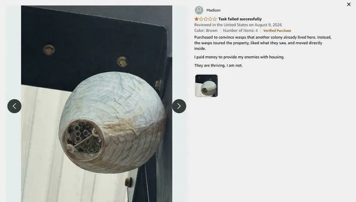 Amazon review of humorous wasp nest housing story on product page