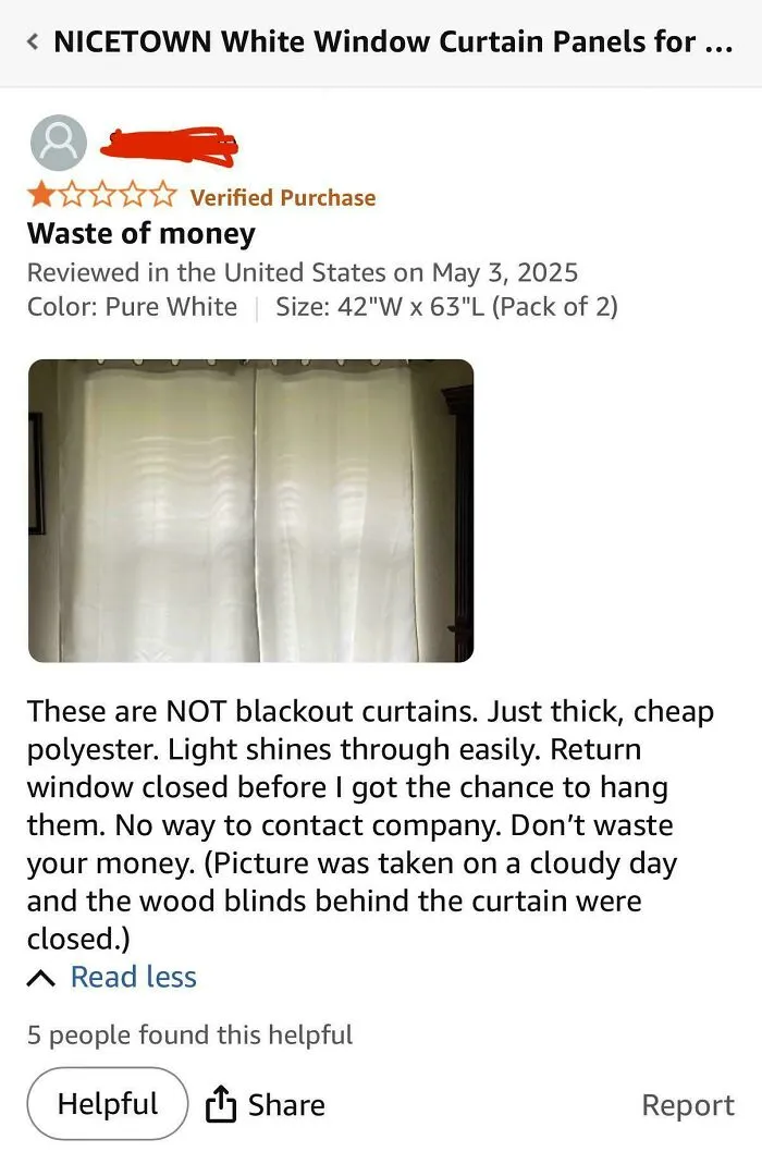 Negative review of NICETOWN white window curtains not blocking light effectively.