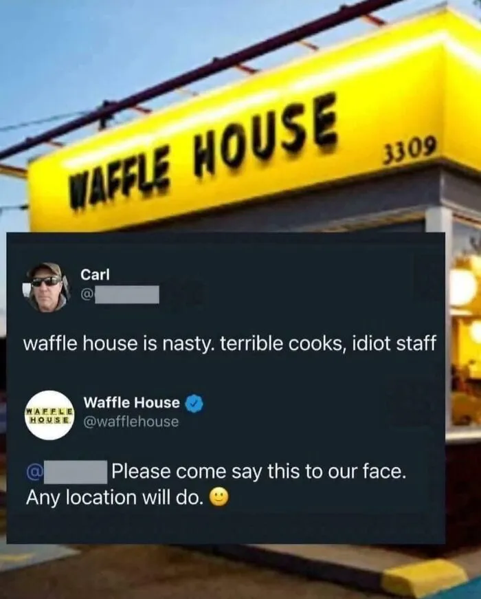 A social media interaction where someone missed the point of a joke about Waffle House.