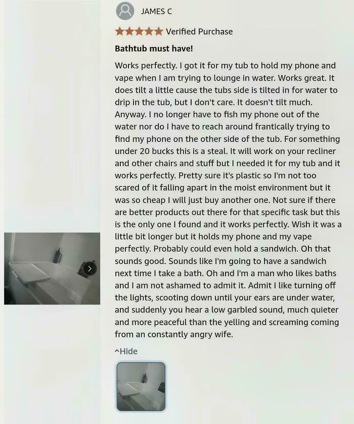 Detailed Amazon review about a bathtub phone and vape holder product