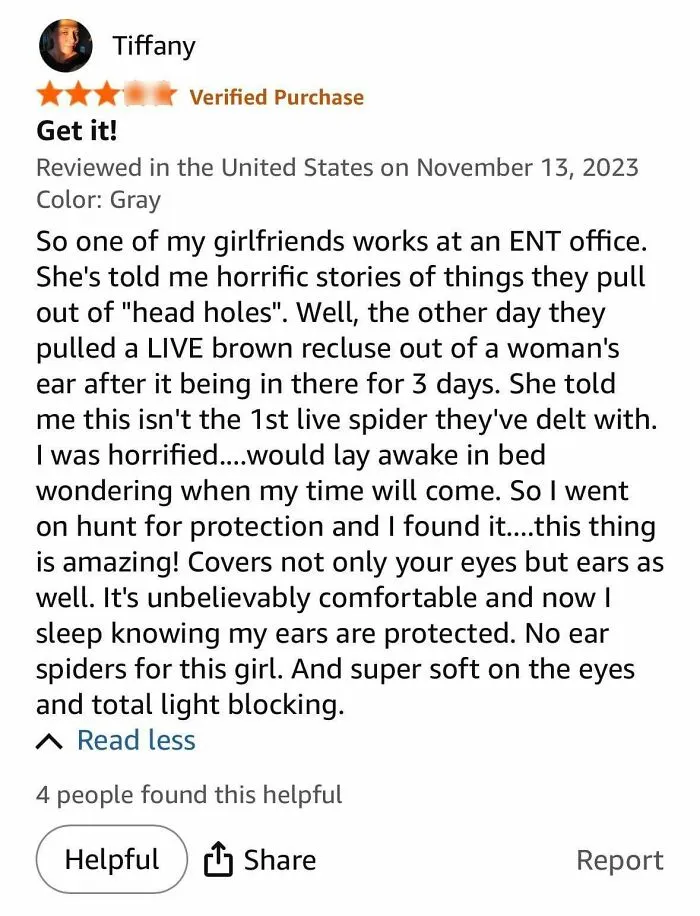 Funny Amazon review about an eye and ear cover protecting against spiders