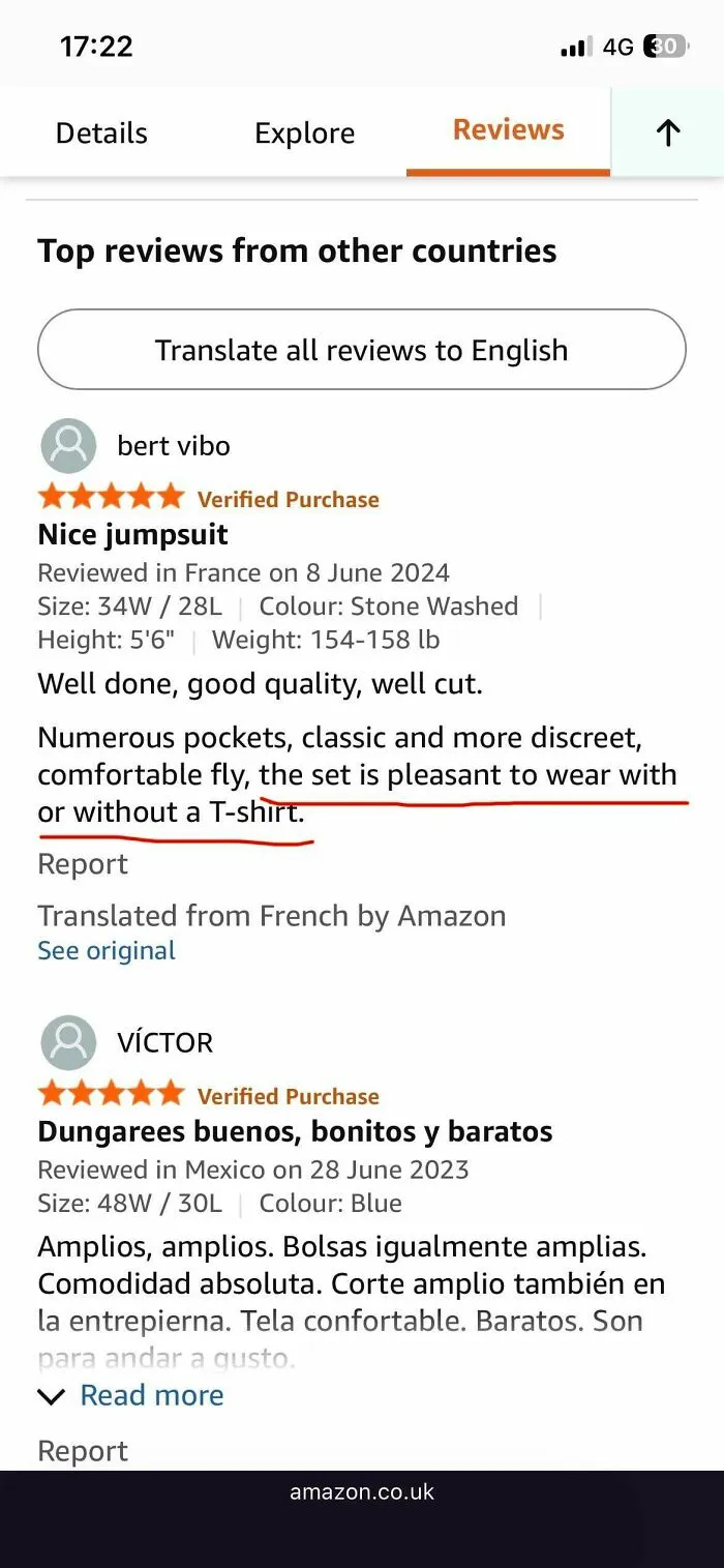 Funny Amazon reviews about jumpsuits and dungarees from multiple countries